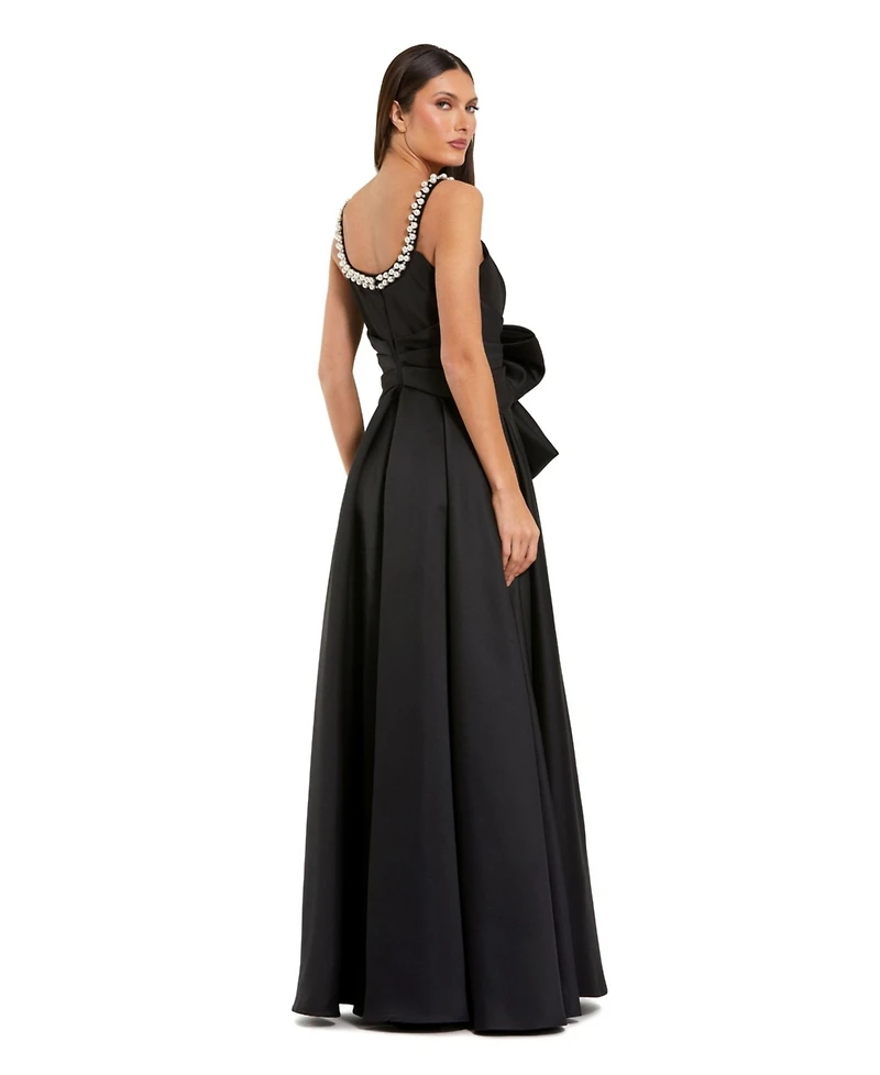 Mac Duggal Women's Satin Gown With Pearl Neckline and Bow Detail