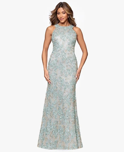 Xscape Petite High-Neck Sleeveless Lace Sheath Gown
