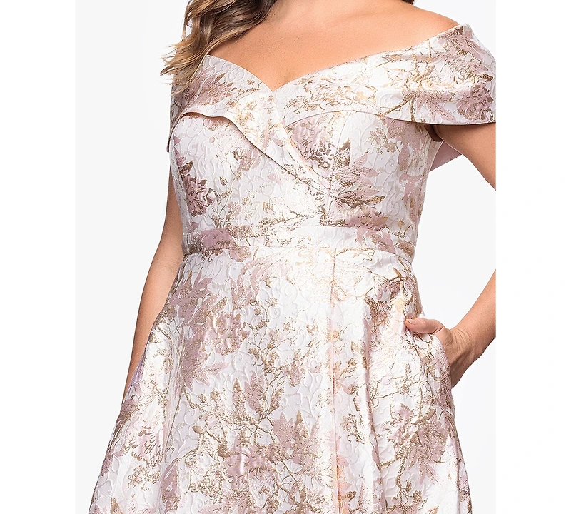 Xscape Plus Off-The-Shoulder Brocade Ball Gown