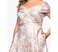 Xscape Plus Off-The-Shoulder Brocade Ball Gown