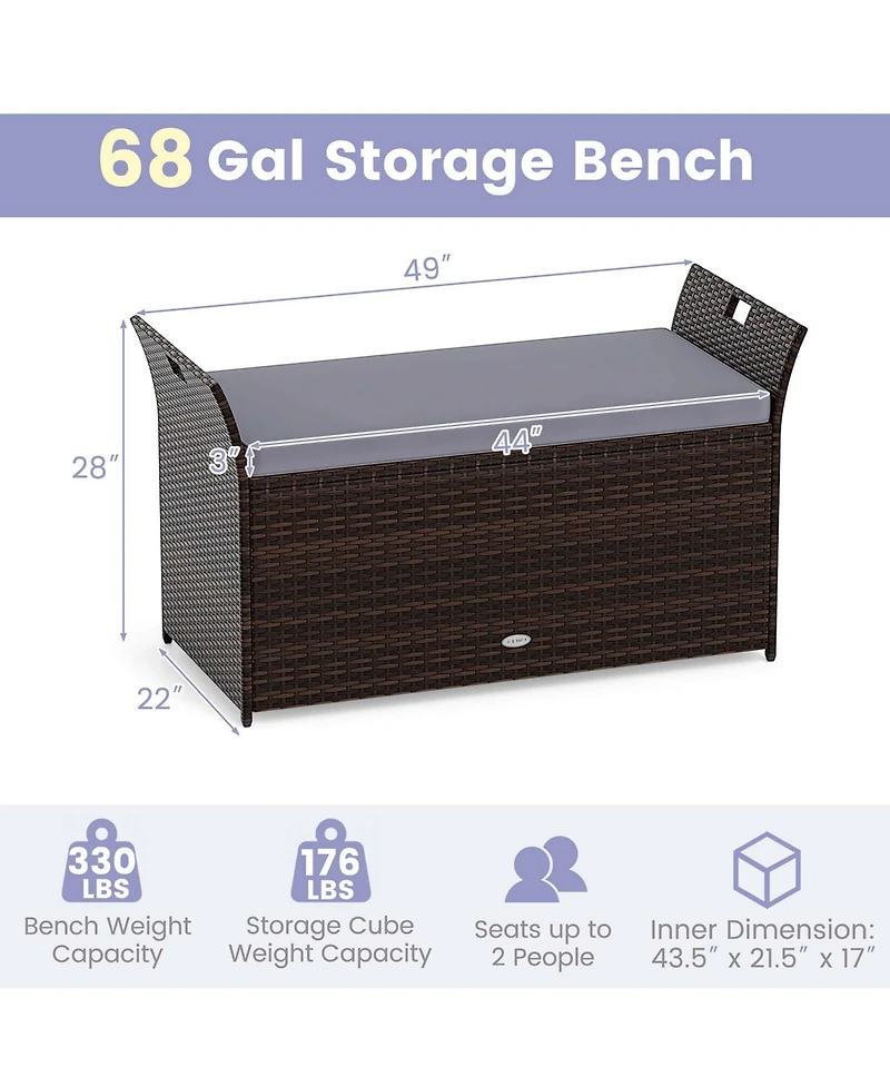 Costway Outdoor Bench with Hand-woven Pe Rattan Wicker Cushion & Side Handles Storage