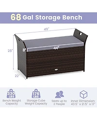 Costway Outdoor Bench with Hand-woven Pe Rattan Wicker Cushion & Side Handles Storage