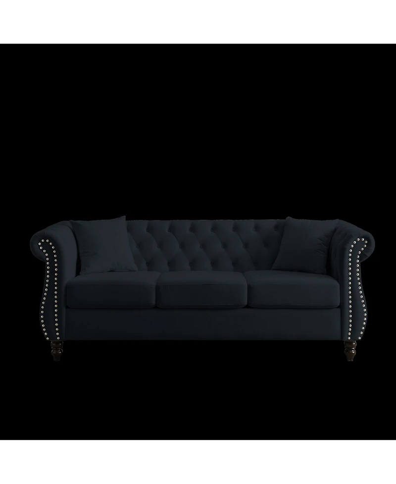 Simplie Fun Black Velvet Chesterfield Sofa, 3-Seater, Tufted Couch