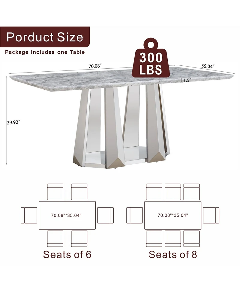 Streamdale Furniture Marble Dining Table for 6, 70" Faux Marble Rectangle Table with Stainless Steel Base (Silver, Grey