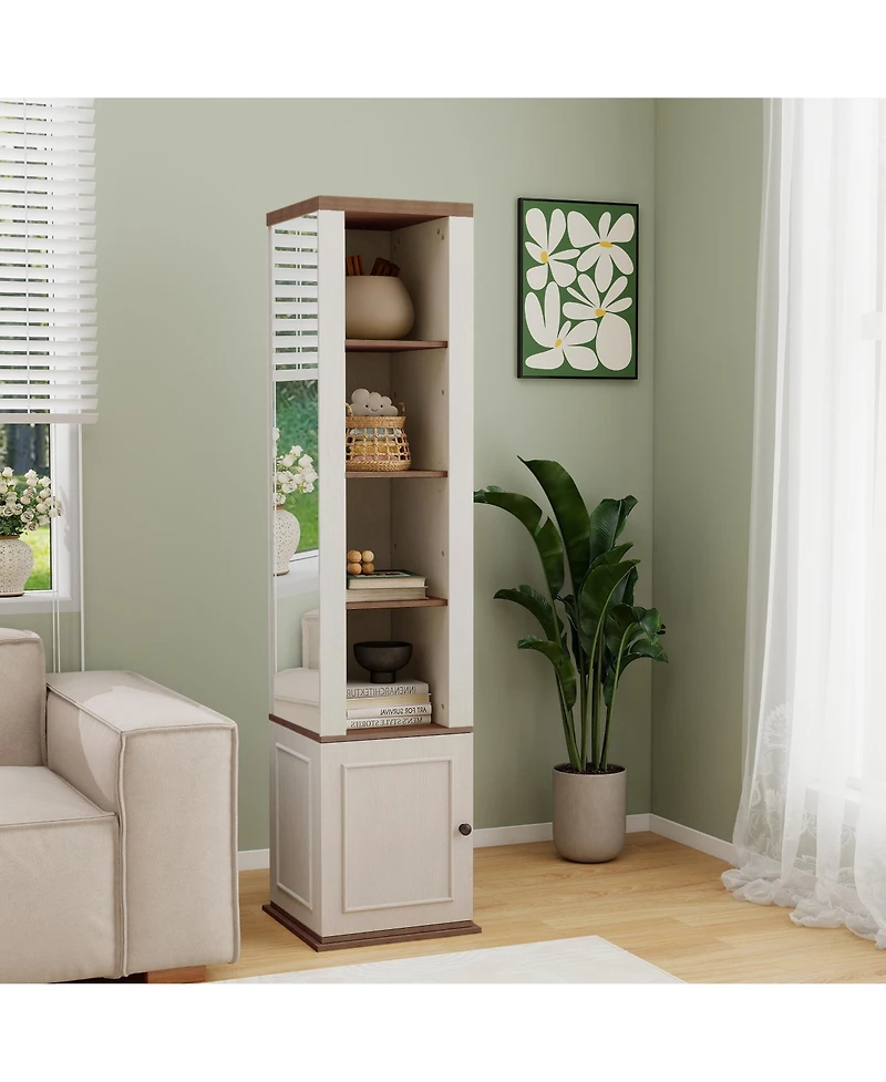 Sumyeg 360°Rotating Storage Cabinet with Full-Length Mirror in Antique White