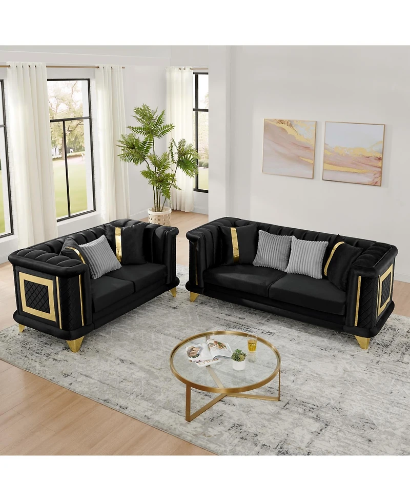 Streamdale Furniture Streamdale Velvet Sofa Set: Gold Trim, Embroidered, Mid-Century Modern, Black