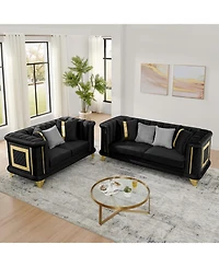 Streamdale Furniture Streamdale Velvet Sofa Set: Gold Trim, Embroidered, Mid-Century Modern, Black