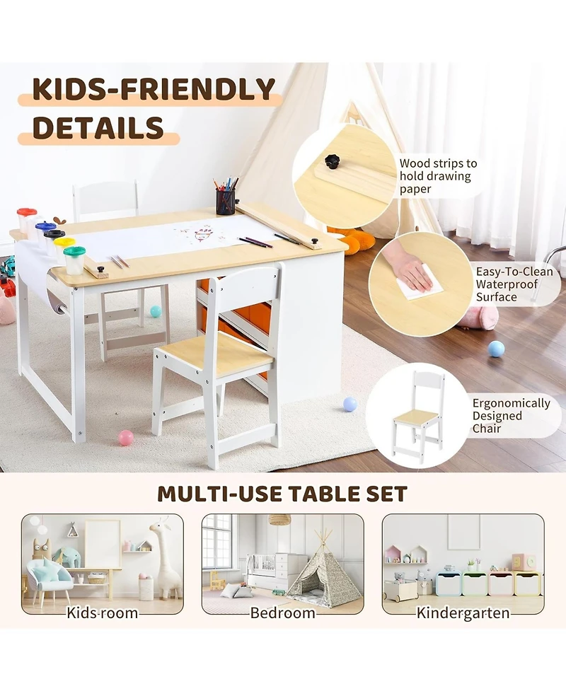 Gaomon Kids Art Table and 2 Chairs Toddler Craft and Play Wooden Activity Table with Storage Bins for Ages 2-10