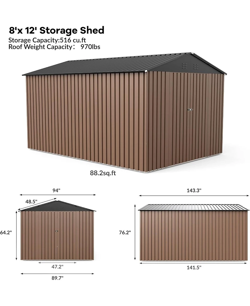 Gaomon 8x12FT Metal Outdoor Storage Shed, Lockable Tool Shed with Sloped Roof for Backyard, Patio, Garage, Lawn