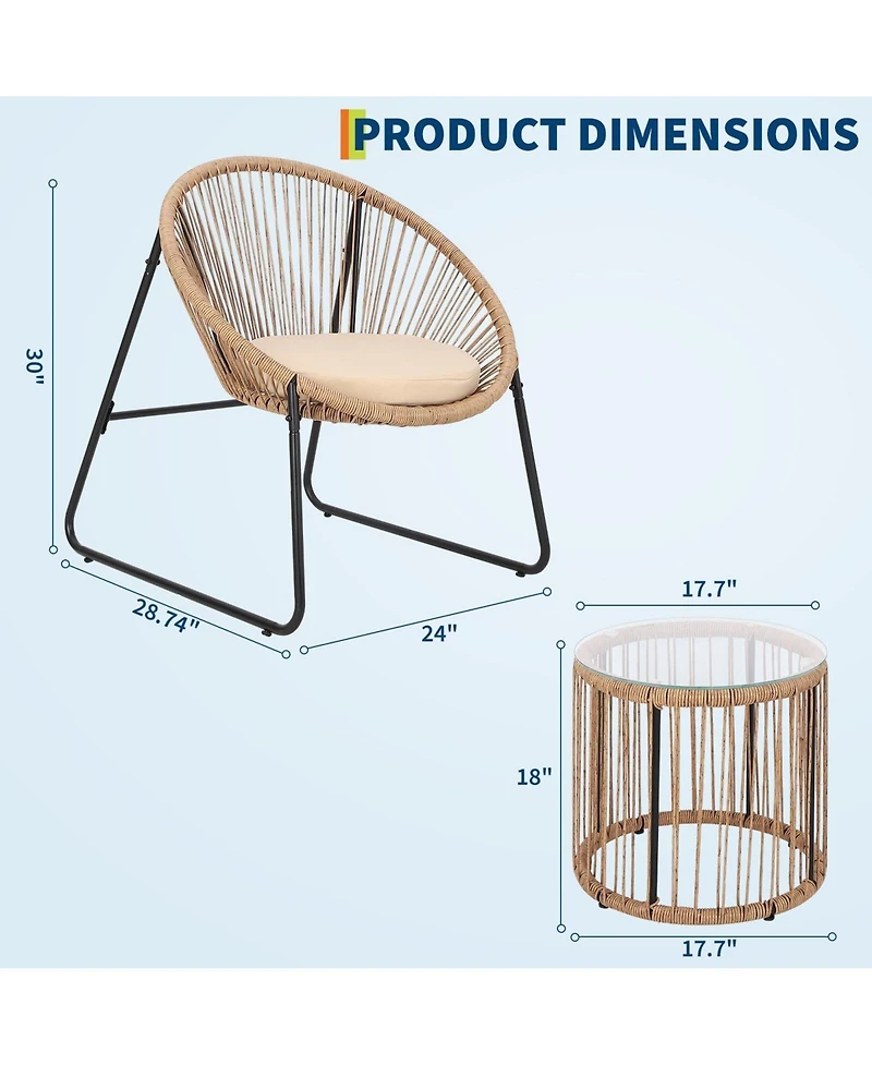 Gaomon 3-Piece Outdoor Bistro Set, Acapulco Chairs with Cushions & Glass Top Side Table, All-Weather Patio Conversation Set