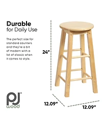 Pj Wood Classic Round-Seat 24" Tall Kitchen Counter Stools, Natural, Set of 2