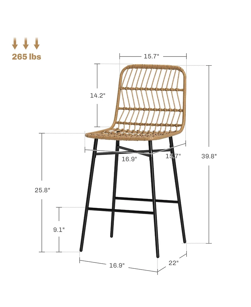 Homcom Rat Counter Height Bar Stools Set of 2 Barstools with Back,
