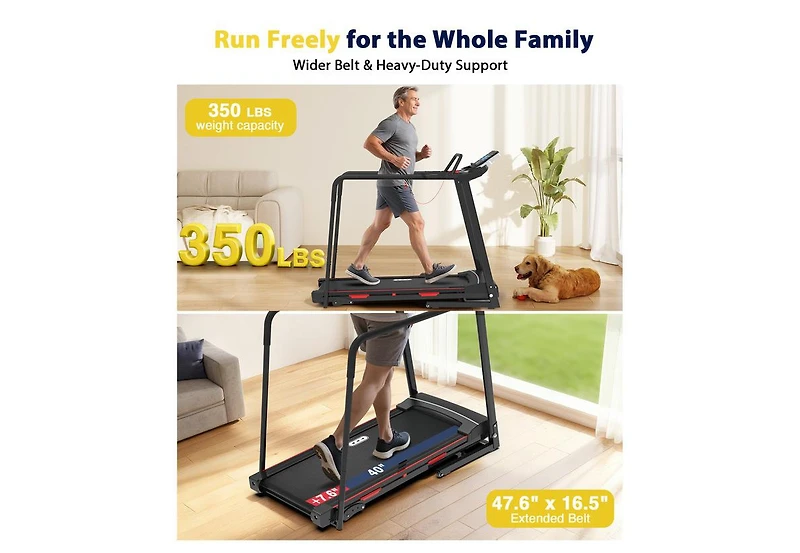 Redliro Senior Treadmill with Long Handrails, 350 lbs Capacity Walking Treadmill for Seniors, Foldable Treadmill with Incline