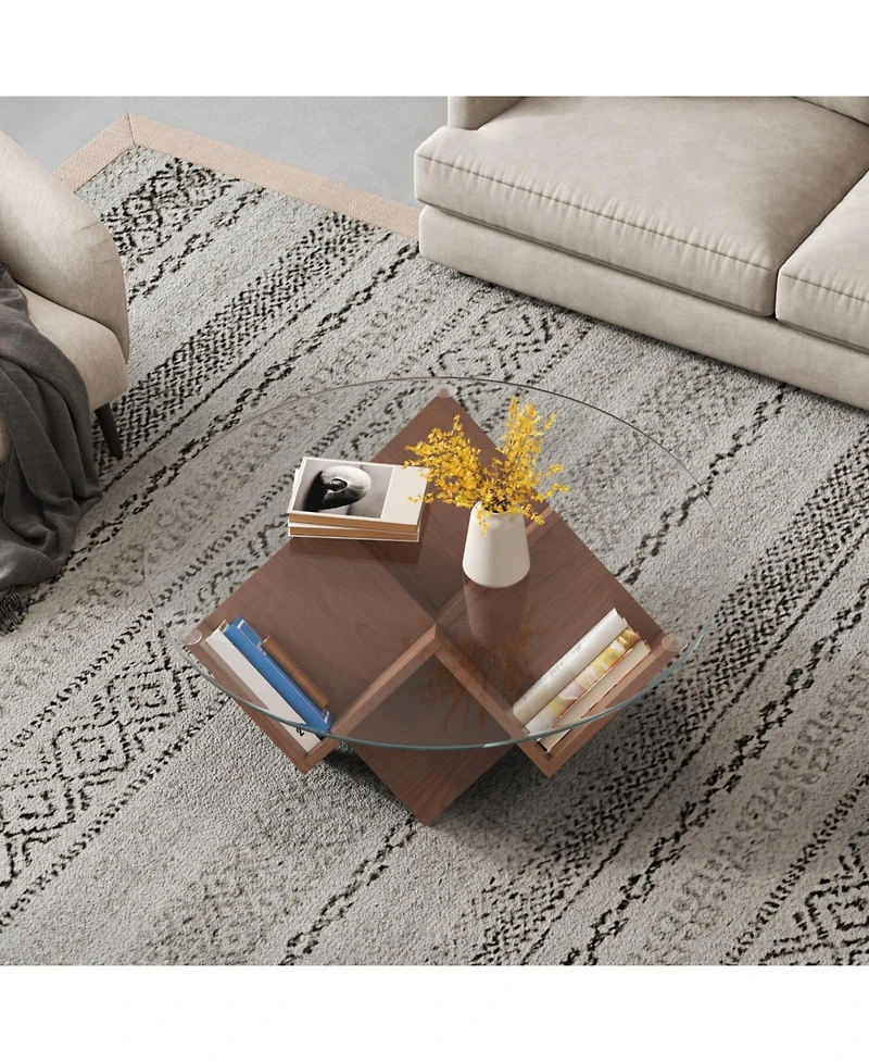 Streamdale Furniture Round Coffee Table with Glass Top & Art Deco Base, Walnut, 35.4