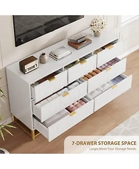 gaomon Modern 7 Drawer Dresser, Wide Chest with Gold Metal Legs & Handles, Wood Storage Organizer for Bedroom, Living Room, Hallway