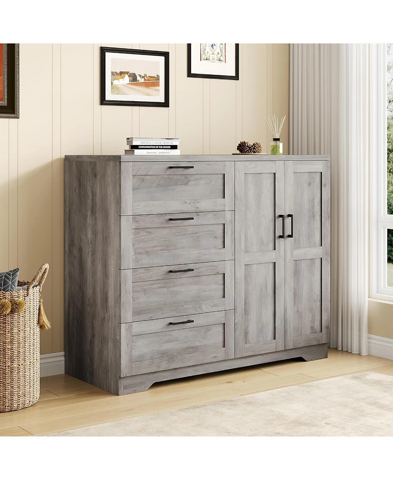 gaomon 43.3" Armoire Wardrobe Closet with 4 Drawers and 2 Doors, Wooden Dresser Hanging Rod, Multifunctional Storage Cabinet for Bedroom