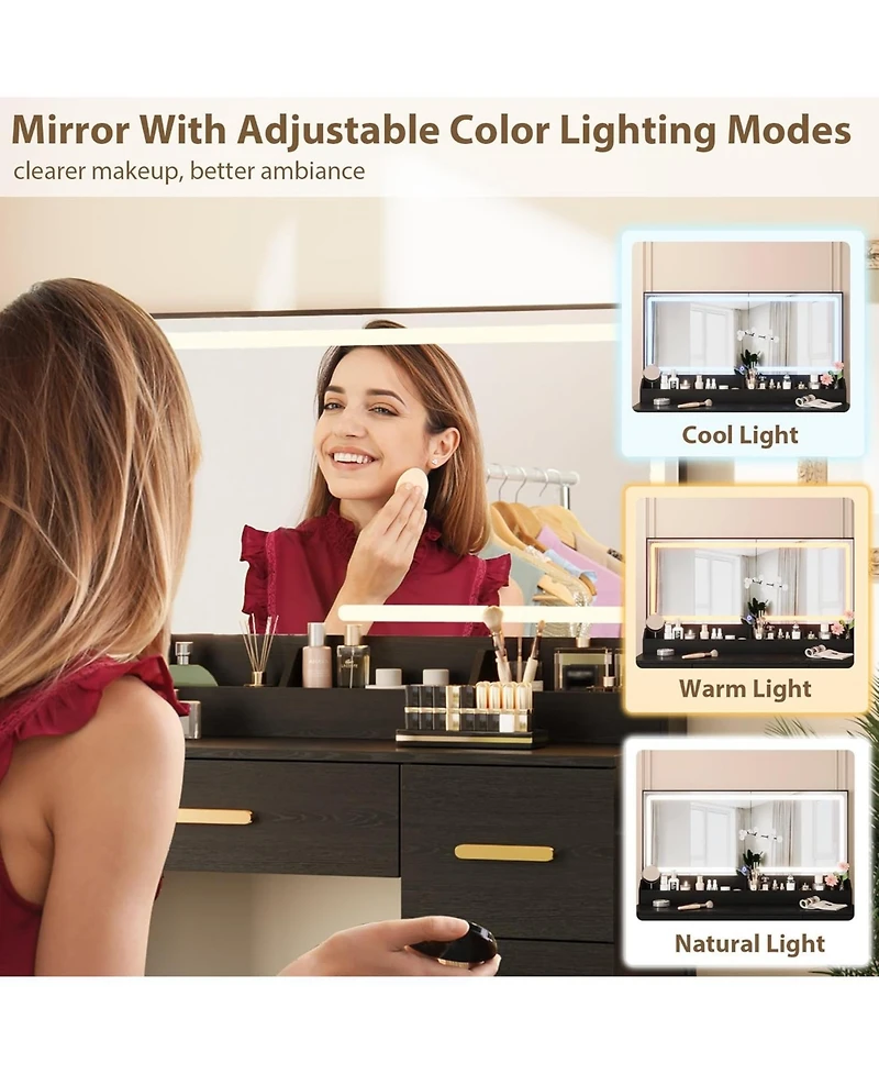 Gaomon Vanity Desk with Large Lighted Mirror, 45.9" Makeup Table, 3 Light Modes & Power Outlet, 8 Drawers, Wall-Mounted, for Bedroom