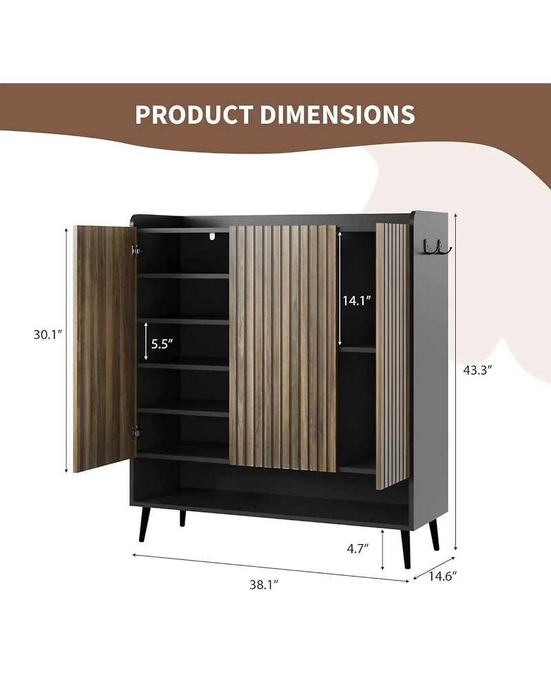 gaomon Large 6-Tier Shoe Cabinet with 3 Doors, Handleless Shoe Organizer with Hooks, Freestanding Entryway Storage Cabinet