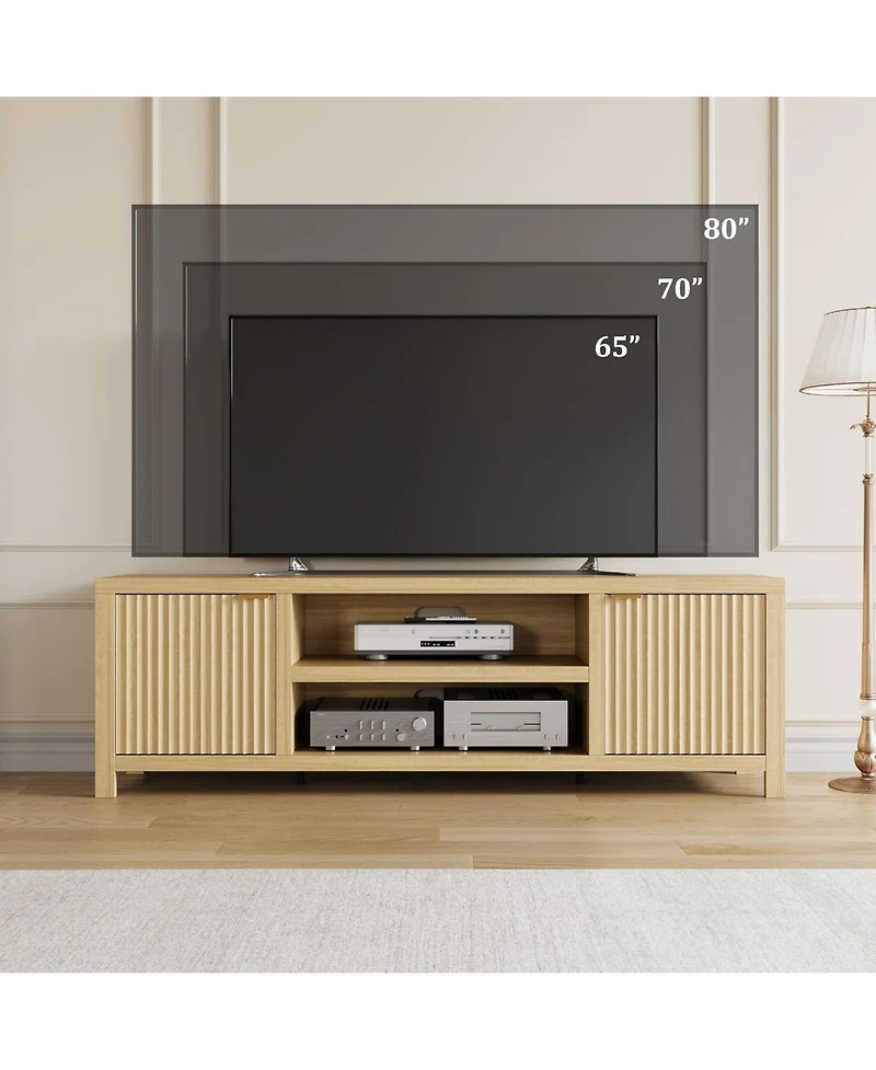 gaomon Fluted Tv Stand for 80 Inch Tv, Modern Entertainment Center with Storage, Media Console Gold Handles & Doors
