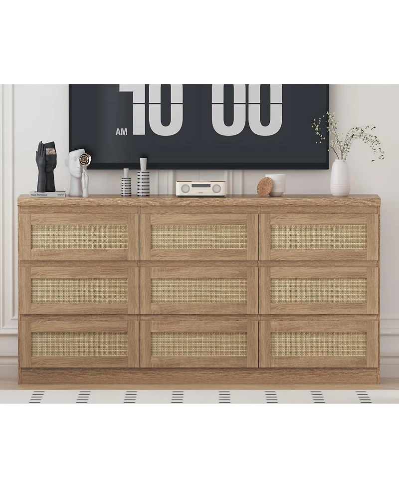 Gaomon Rattan 9 Drawer Dresser with Charging Station