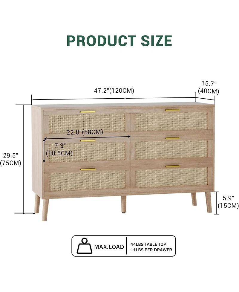 gaomon 6-Drawer Oak Finish Natural Rattan Gold Metal Handles Farmhouse Style, Ample Storage, Durable Construction, Anti-Tip Safety Dresser