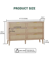 gaomon 6-Drawer Oak Finish Natural Rattan Gold Metal Handles Farmhouse Style, Ample Storage, Durable Construction, Anti-Tip Safety Dresser