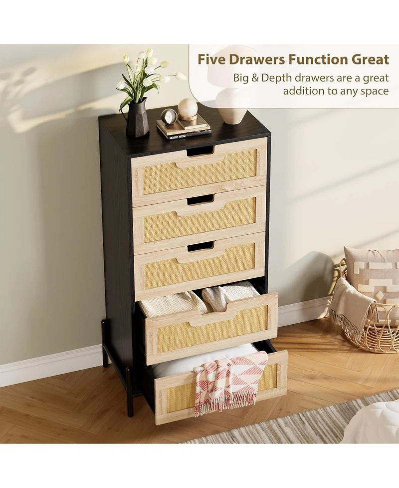 Gaomon 5-Drawer Rattan & Wood Farmhouse Cabinet with Metal Legs – Modern Dresser