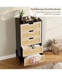 Gaomon 5-Drawer Rattan & Wood Farmhouse Cabinet with Metal Legs – Modern Dresser