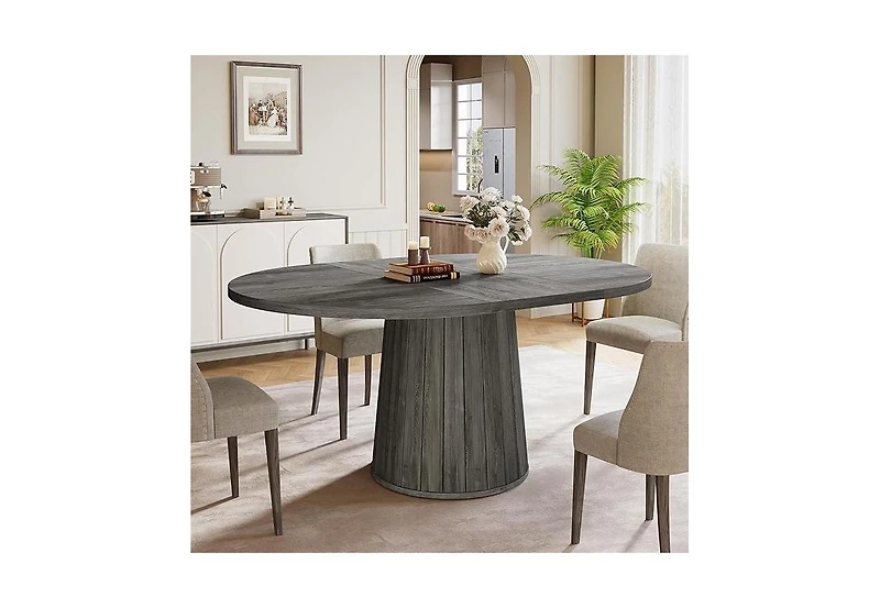 Tribesigns Oval Dining Table for 6 People, 55.11-Inch Farmhouse Kitchen Dinner Table with Cylindrical Pedestal (Grey)