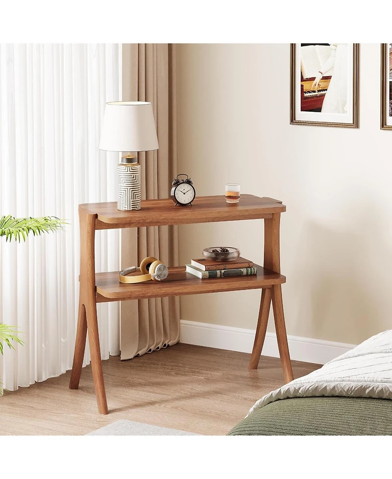 Tribesigns Walnut Side Table, Narrow End Table with 2-Tier Storage Shelf and Solid Wood Legs
