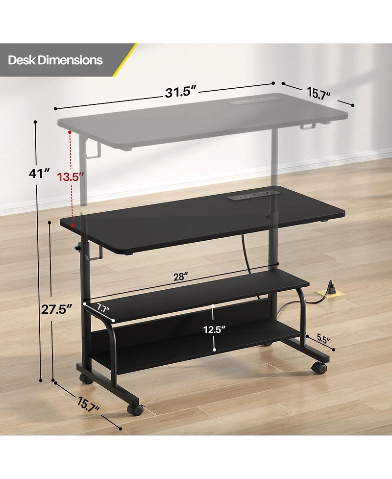Aheaplus Small Height Adjustable Standing Desk with Power Outlets and Shelves, Max Height 41 Inches