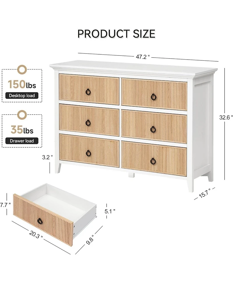 Gaomon 6-Drawer Modern Dresser with Fluted Panel Design, Wide Chest with Deep Storage Drawers and Tv Stand Function, Ideal for Bedroom, Natural White