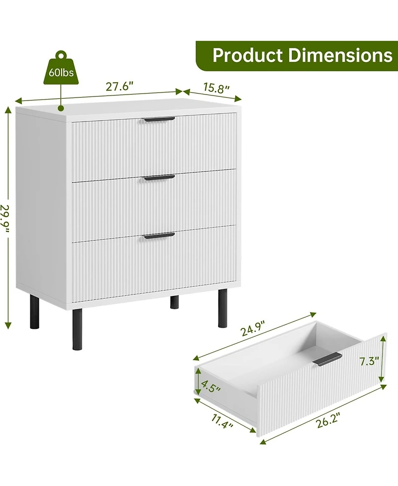 Gaomon 3-Drawer Wave Fluted Bedroom Dresser, Wide Wood Chest with Metal Legs, Modern Storage Organizer for Bedroom, Living Room