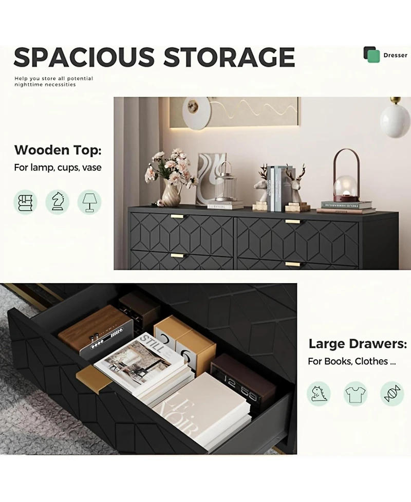 gaomon Modern 6-Drawer Bedroom Dresser with Large Storage and Gold Metal Accents for Entryway, Living Room or Closet