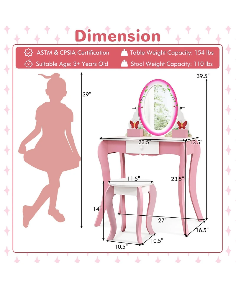 Gymax Kids Vanity Table Stool Set Pretend Play Makeup Desk with Whiteboard Markers