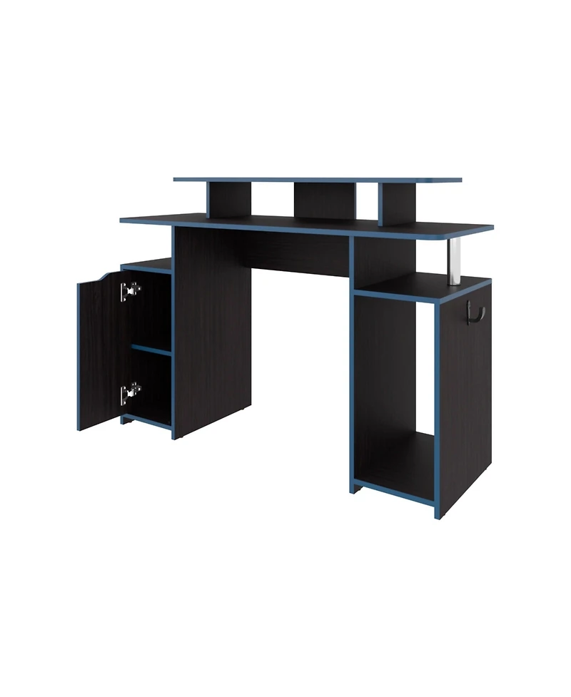 Flynama Blue Accent Gaming Desk with Elevated Monitor Shelf and Storage Compartments