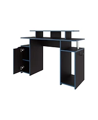 Flynama Blue Accent Gaming Desk with Elevated Monitor Shelf and Storage Compartments