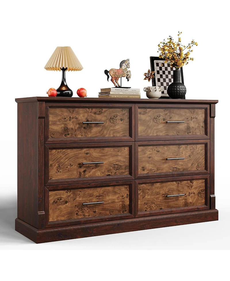 gaomon Rustic Farmhouse 6-Drawer Dresser, Large Wood Chest with Metal Handles, Double Dresser and Tv Stand for Bedroom or Nursery, Brown