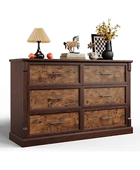 gaomon Rustic Farmhouse 6-Drawer Dresser, Large Wood Chest with Metal Handles, Double Dresser and Tv Stand for Bedroom or Nursery, Brown