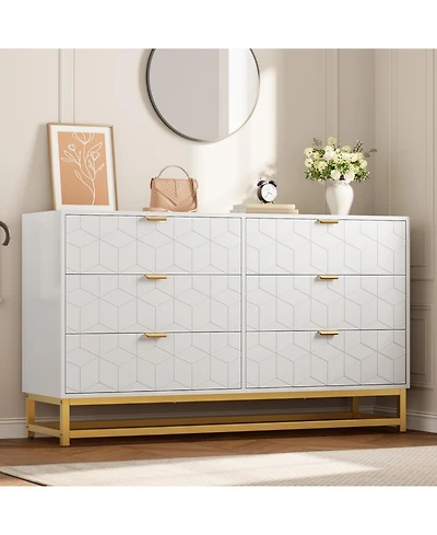 gaomon 53.5" Wide Modern 6 Drawer Dresser, Chest with Gold Metal Legs & Handles, Wood Storage Organizer for Bedroom, Living Room, Hallway