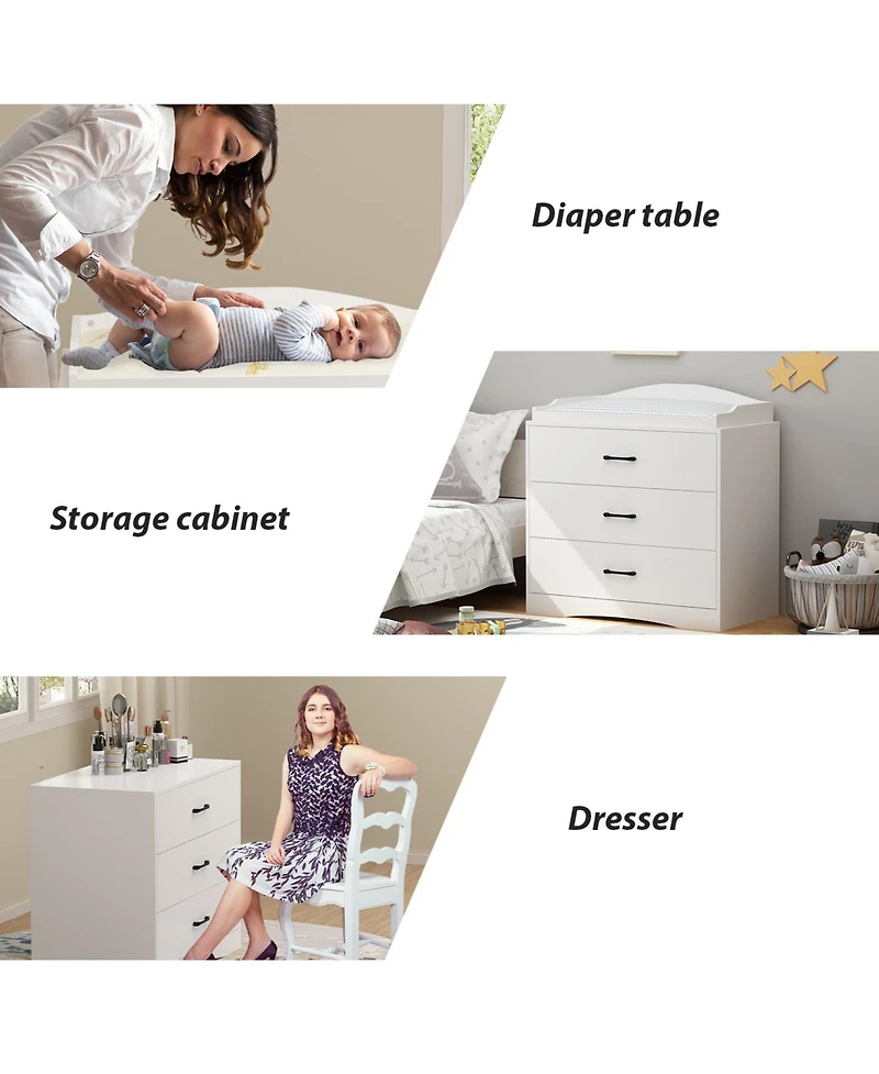 Multi-purpose changing table with three drawers, baby changing station with changing table top and drawers, white wood