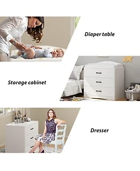 Multi-purpose changing table with three drawers, baby changing station with changing table top and drawers, white wood