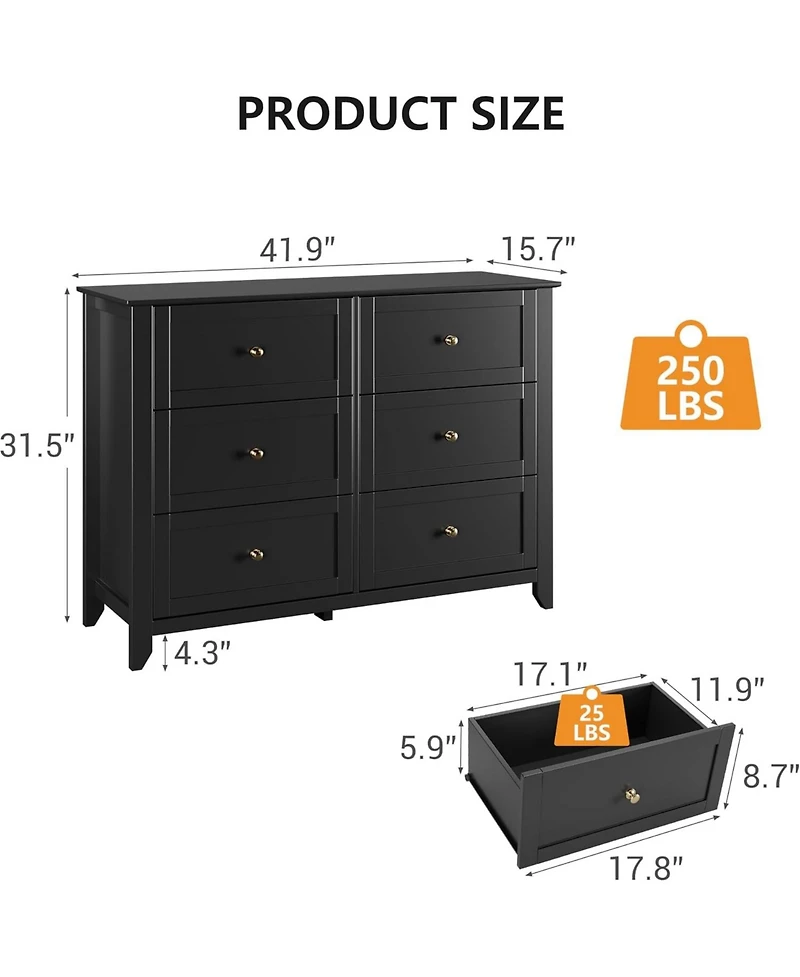 gaomon 6 Drawer Dresser for Bedroom, Wooden Chest with Deep Drawers and Metal Knobs Entryway, Hallway, or Kids Room