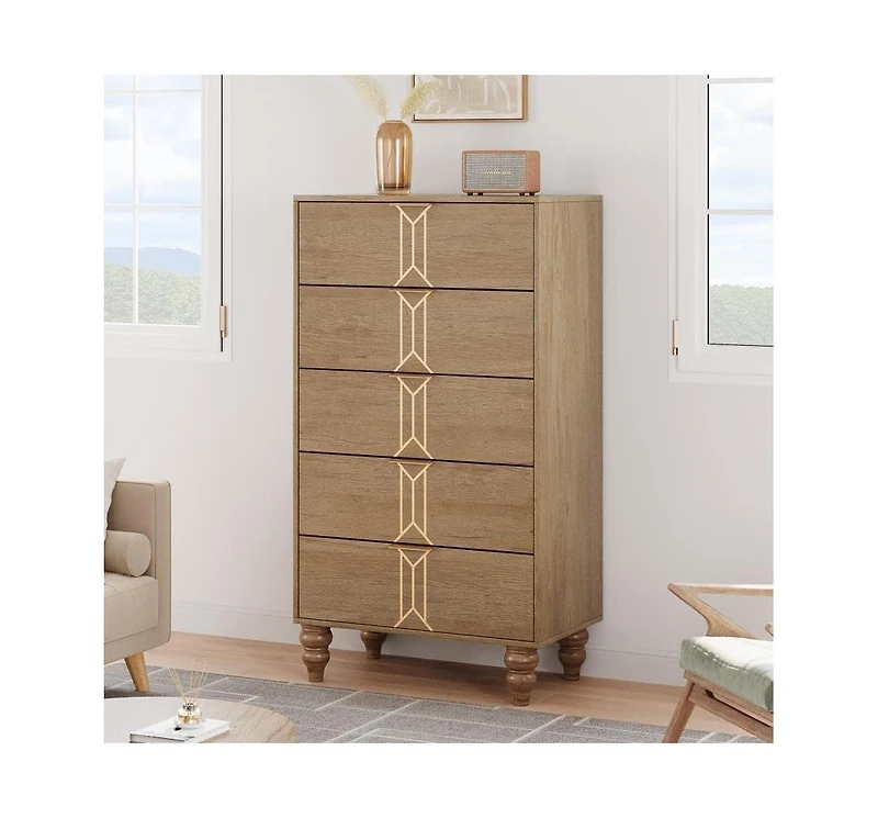 Gaomon 5-Drawer Wooden Oak & Gold Modern Tall Dresser with Deep Storage