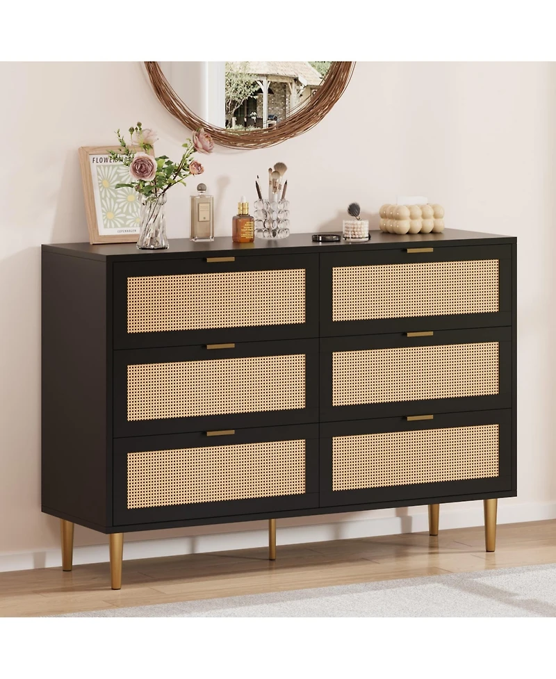 gaomon Natural Rattan 6 Drawer Dresser for Bedroom, Chest of Drawers with Gold Legs and Gold Handles, Wide Double Dresser