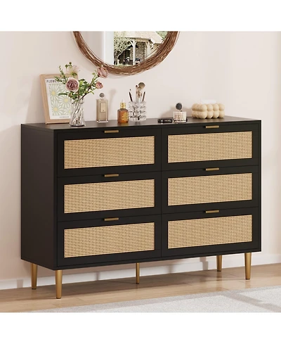 gaomon Natural Rattan 6 Drawer Dresser for Bedroom, Chest of Drawers with Gold Legs and Gold Handles, Wide Double Dresser