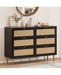 gaomon Natural Rattan 6 Drawer Dresser for Bedroom, Chest of Drawers with Gold Legs and Gold Handles, Wide Double Dresser