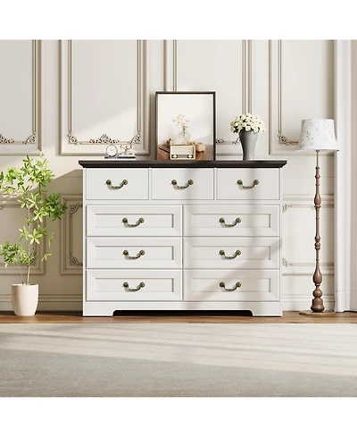 Gaomon 9-Drawer Wooden Rustic Vintage Dark Grey Dresser with Natural Texture and Spacious