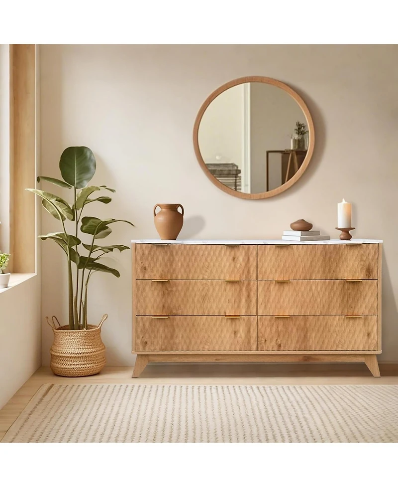 gaomon 54" Rustic Drip-Pattern 6-Drawer Dresser with Faux Marble Top, Wide Farmhouse Storage Chest for Nursery, Bedroom, Living Room, Hallway