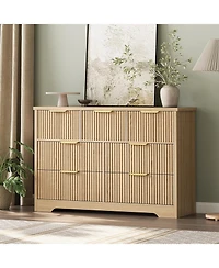 gaomon 7-Drawer Fluted Bedroom Dresser, Long Wood Storage Cabinet with Metal Handles, Modern Tv Stand and Wicker Drawer Chest, Natural Oak